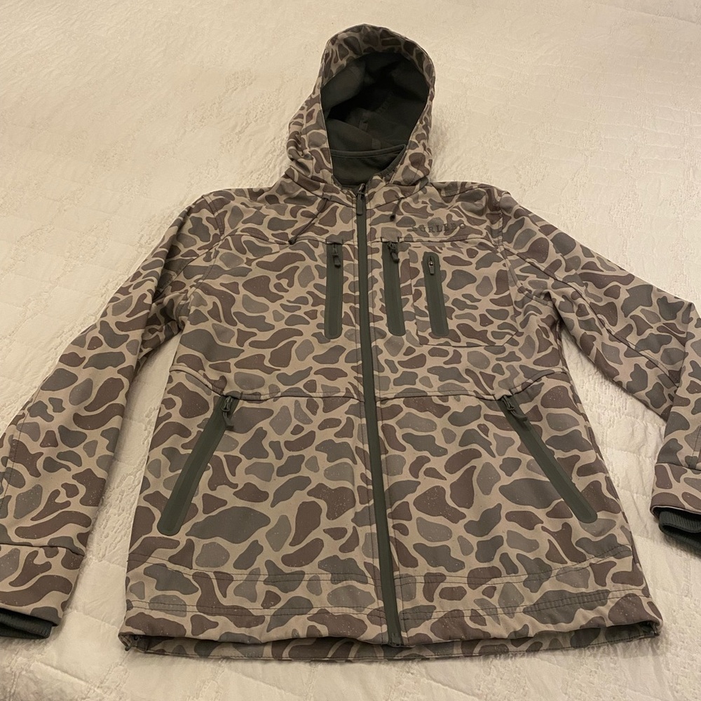 BURLEBO Men's Hooded Camouflage Softshell Jacket in Gray and Brown